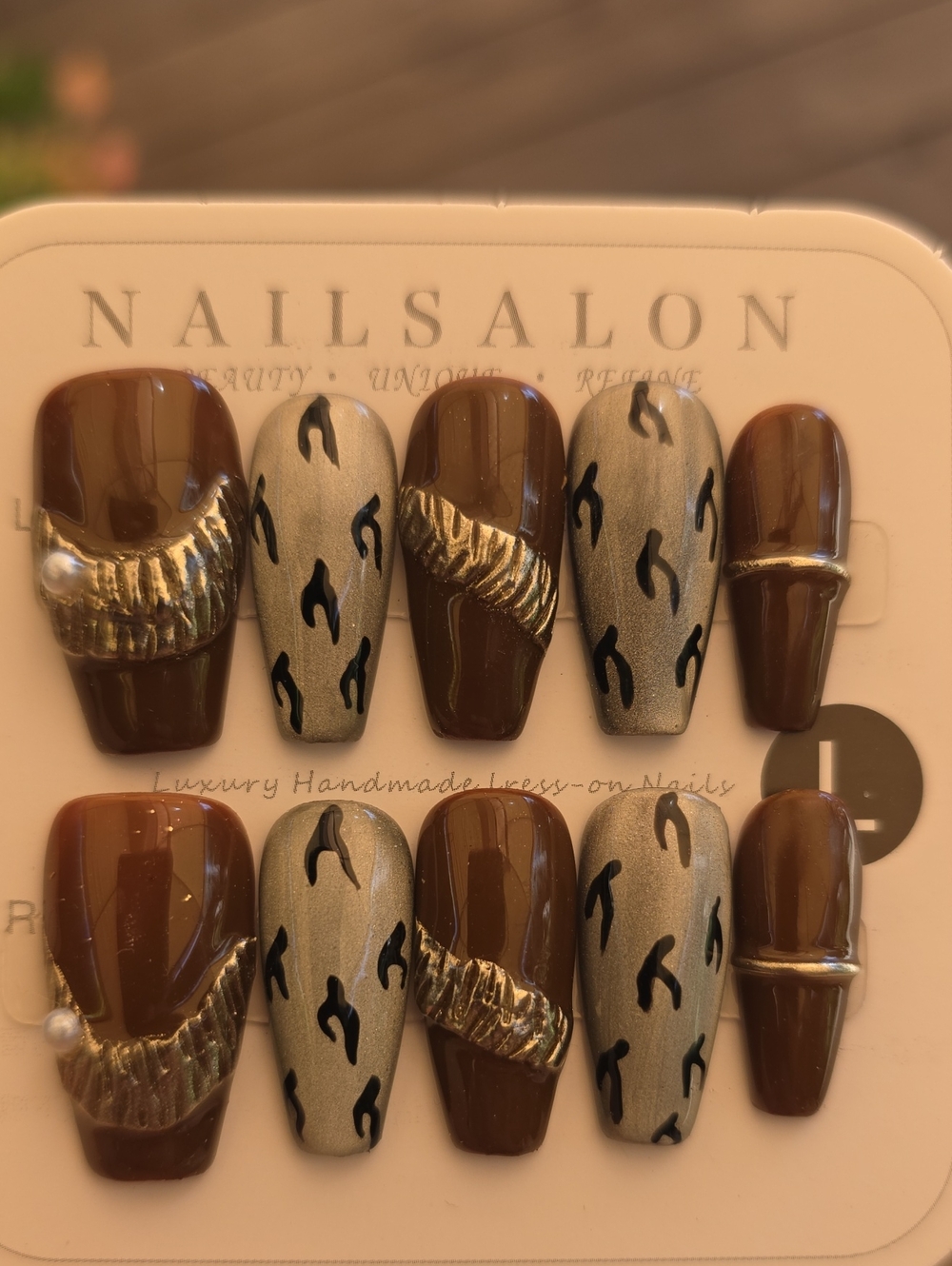 Western Brown & Silver Accent Press-On Nail Set  Size Large